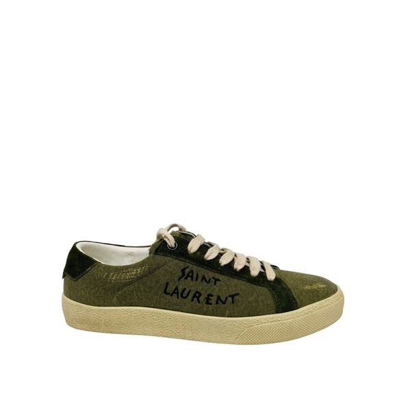 SAINT LAURENT Olive Distressed Canvas Court Logo Embroidered SL/06 Sneakers 36.5 - Picture 1 of 12